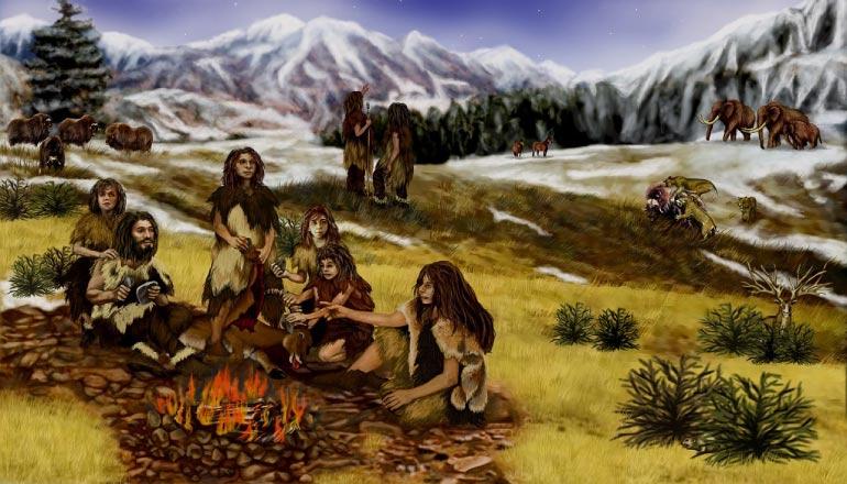 neanderthal family around the campfire eating using their wisdom teeth