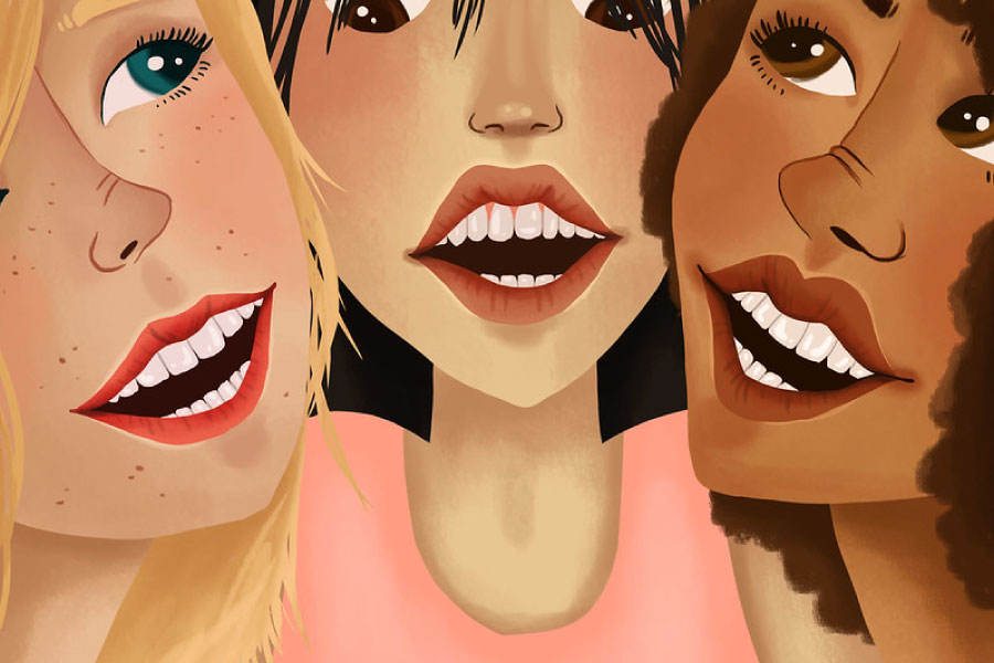 Cartoon of three smiling women with dental veneers,
